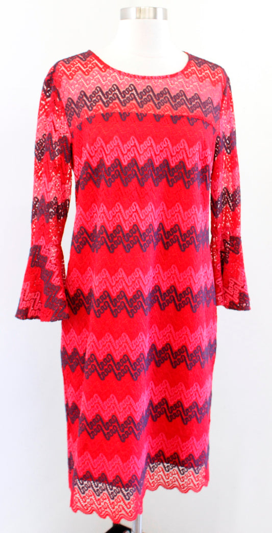 Trina Turk Lovely Chevron Striped Lace Bell Sleeve Shift Dress Size 6 Red