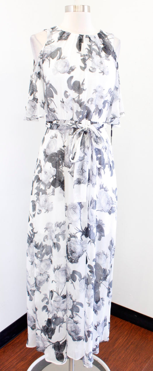 NWT Calvin Klein Black Gray White Floral Print Cold Shoulder Maxi Dress Tie Sz 4