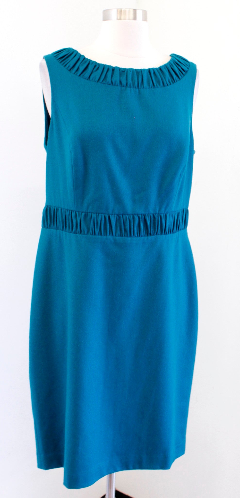 NWT $169 Talbots Teal Blue Green Wool Blend Ruffle Trim Sheath Dress Career 12