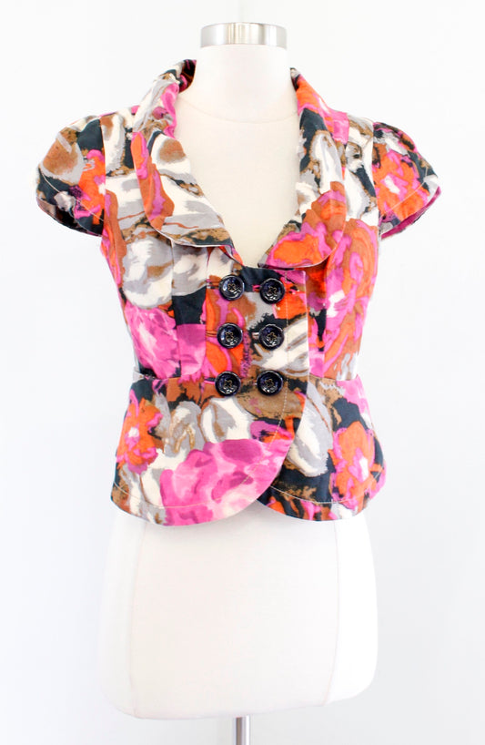 Elevenses Anthropologie Floral Cap Sleeve Blazer Jacket Size 2 Bow Back Linen