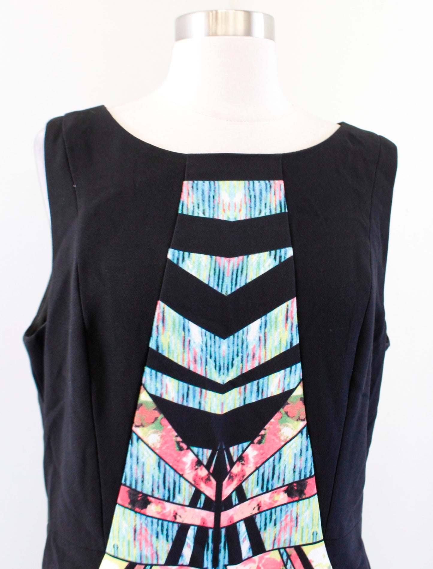 Ivanka Trump Black Colorful Abstract Geometric Floral Print Sheath Dress Size 14