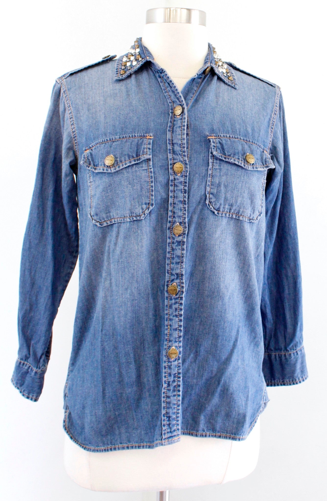 Current Elliott the Perfect Shirt in Miner Size 0 Embellished Button Down Blouse