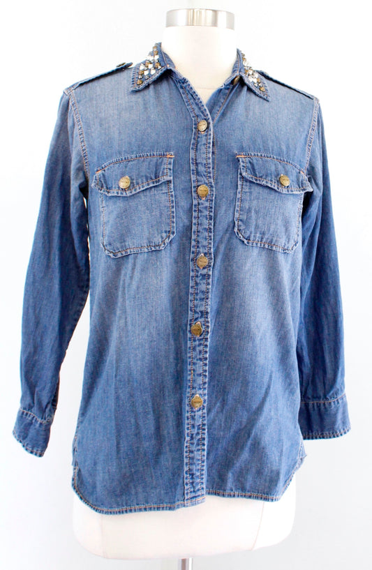 Current Elliott the Perfect Shirt in Miner Size 0 Embellished Button Down Blouse