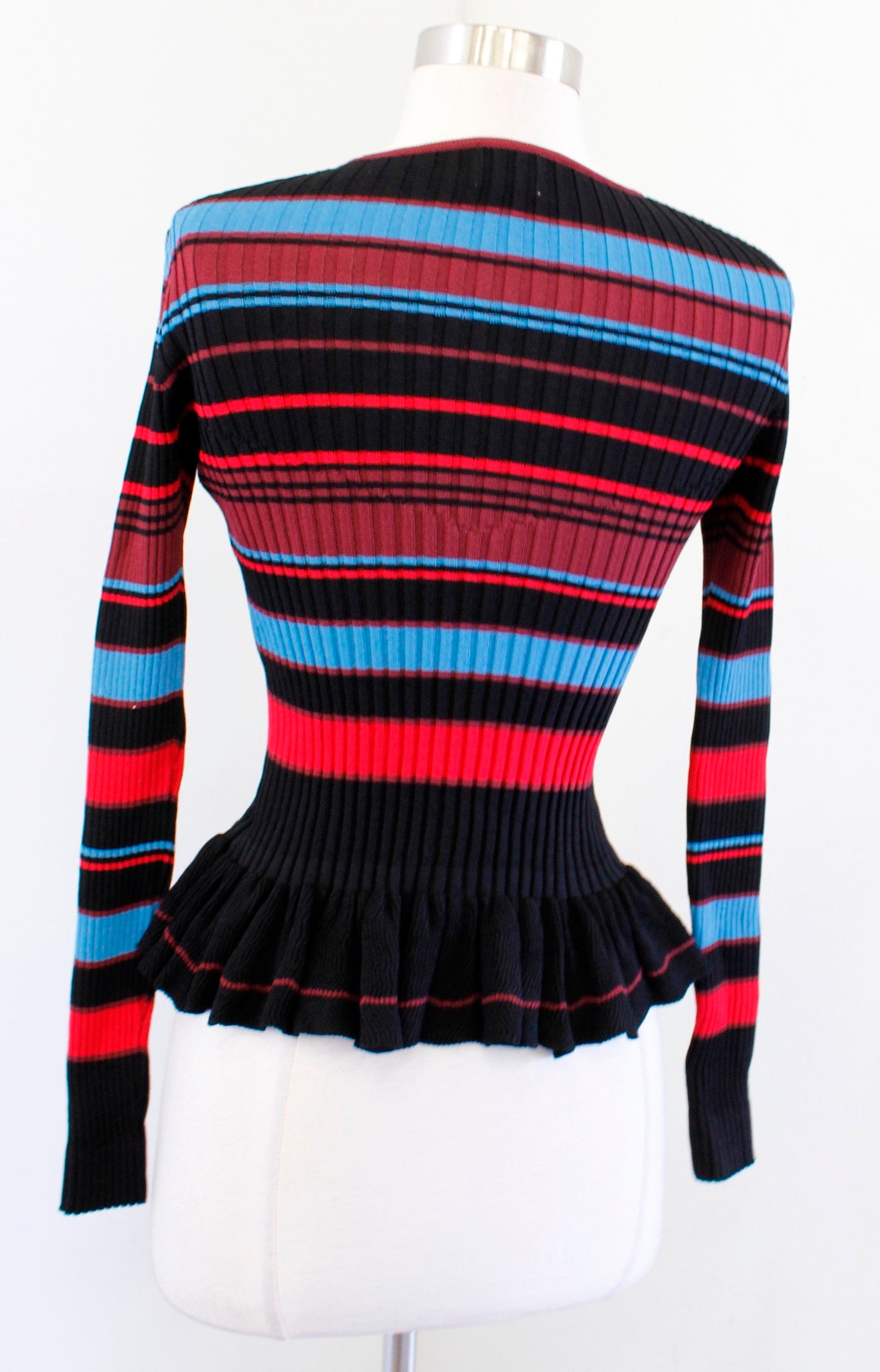 Torn Ronny Kobo Black Blue Red Striped Ribbed Knit Peplum Top Size XS Blouse