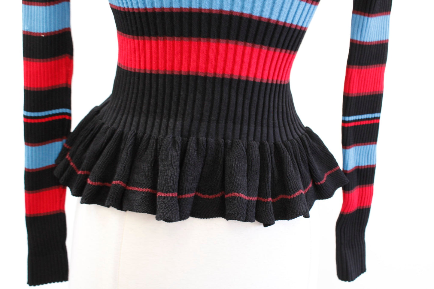 Torn Ronny Kobo Black Blue Red Striped Ribbed Knit Peplum Top Size XS Blouse