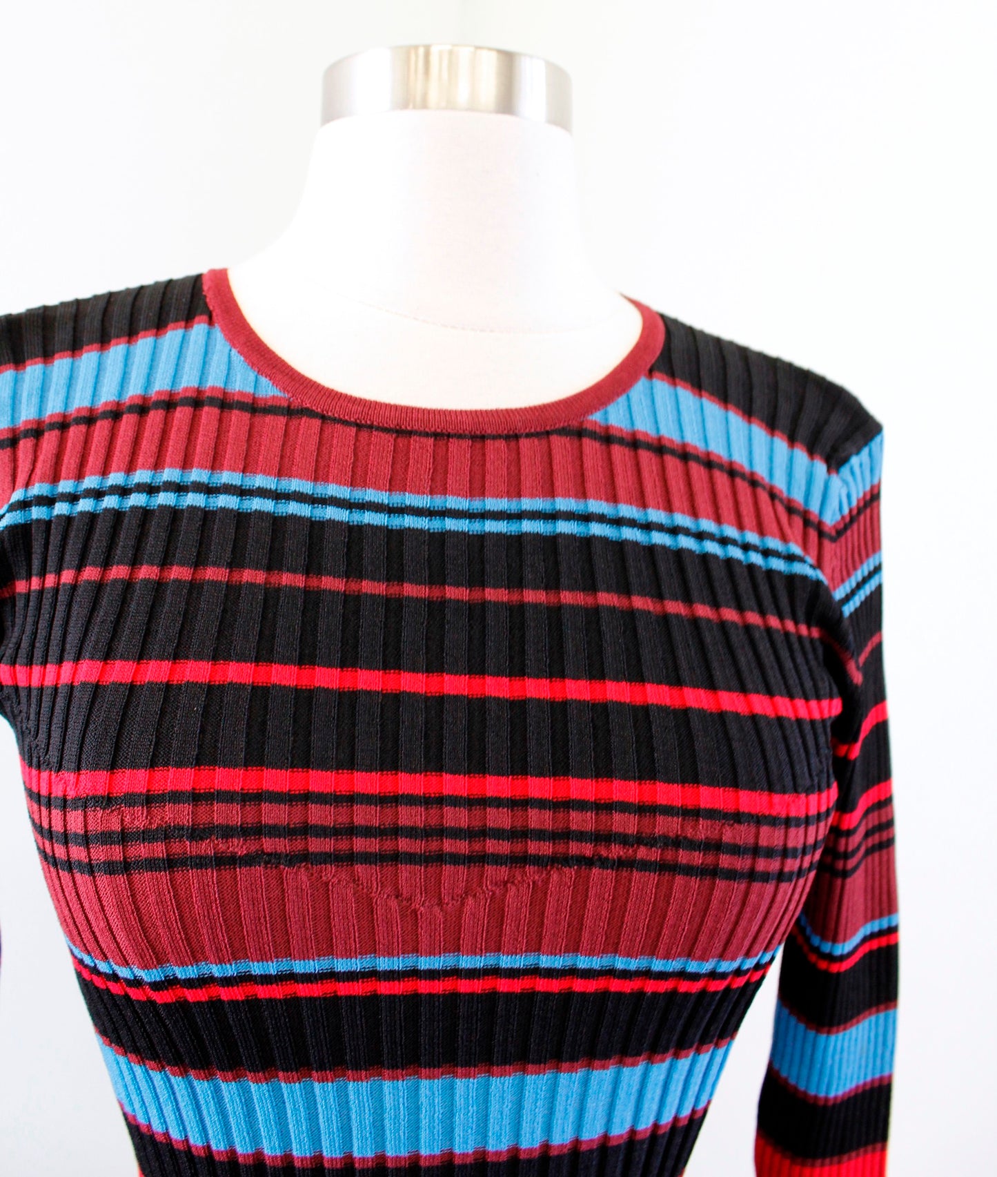 Torn Ronny Kobo Black Blue Red Striped Ribbed Knit Peplum Top Size XS Blouse