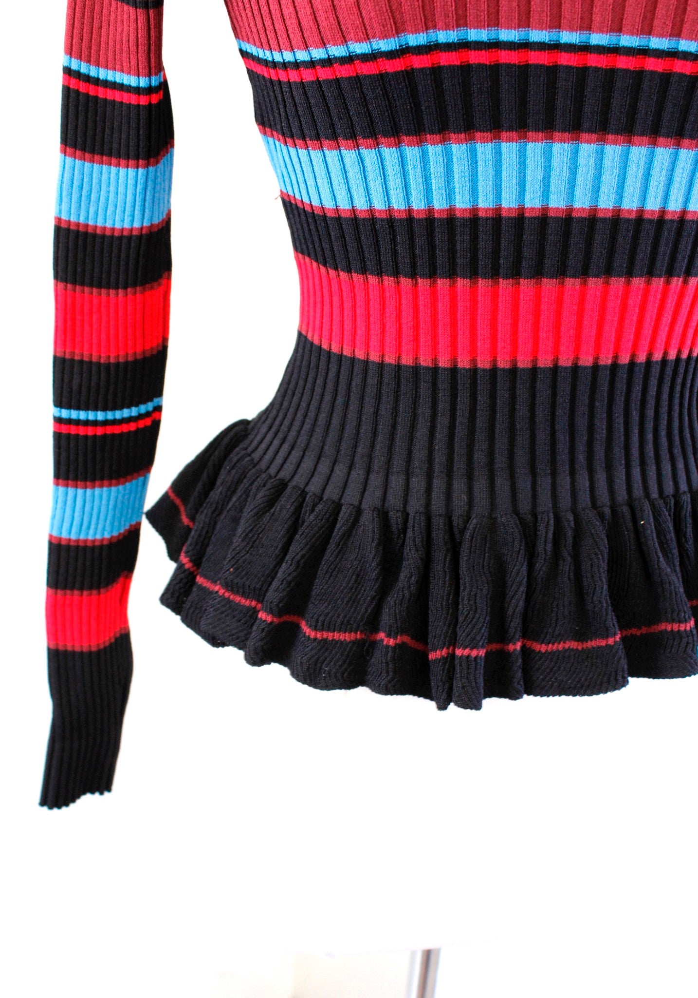 Torn Ronny Kobo Black Blue Red Striped Ribbed Knit Peplum Top Size XS Blouse