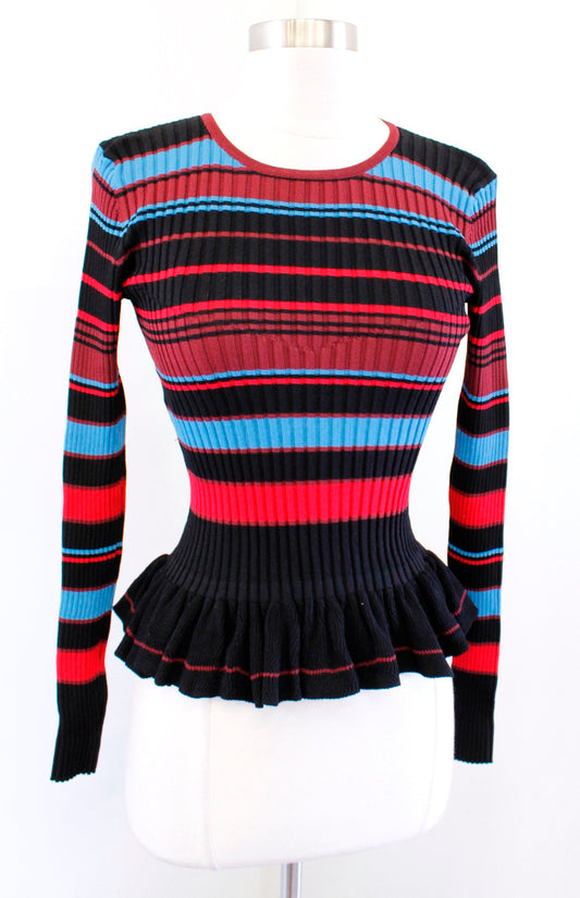 Torn Ronny Kobo Black Blue Red Striped Ribbed Knit Peplum Top Size XS Blouse