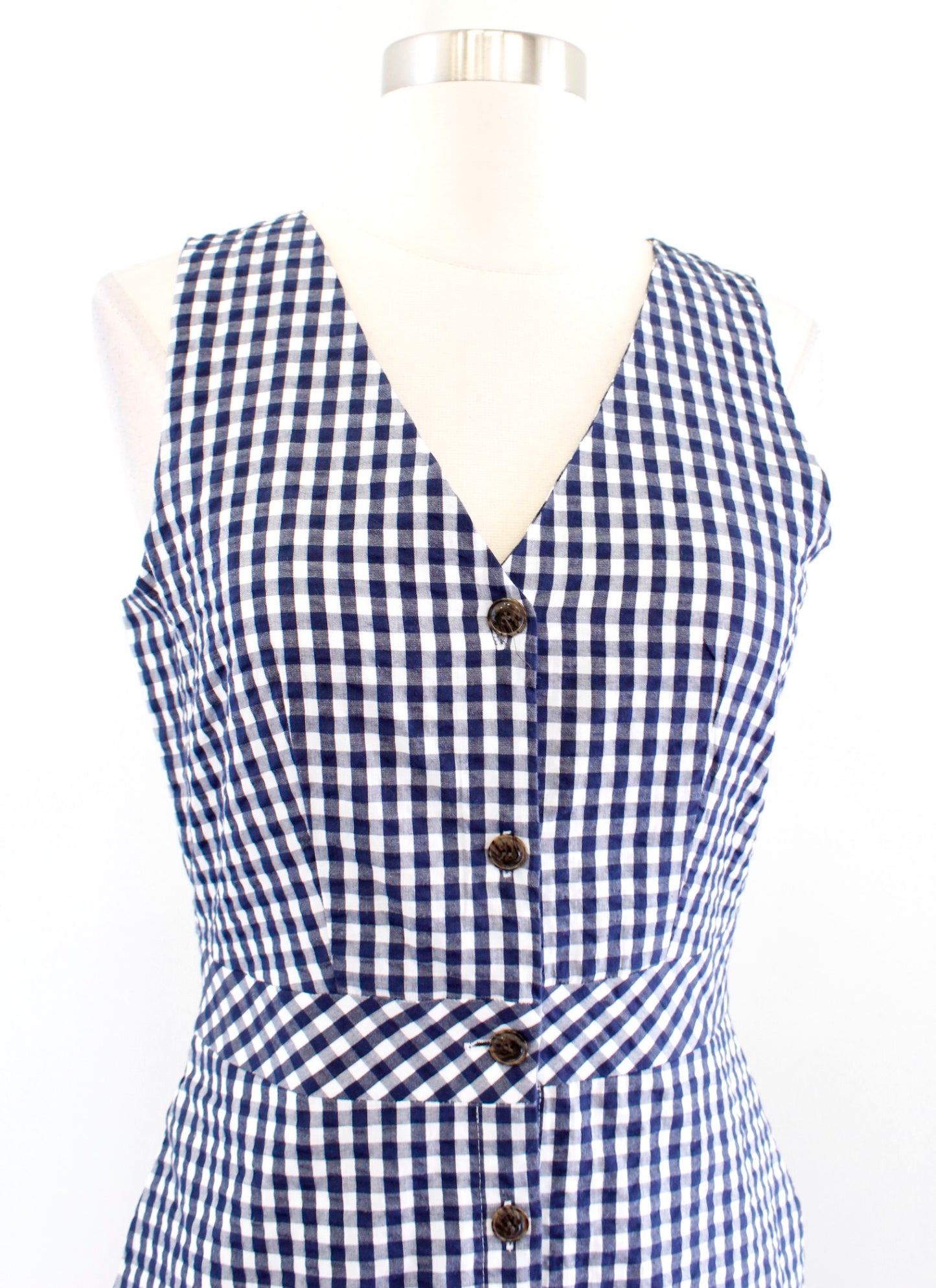 J Crew Factory Navy Blue White Gingham Plaid Button Front Dress Size 0 V Neck