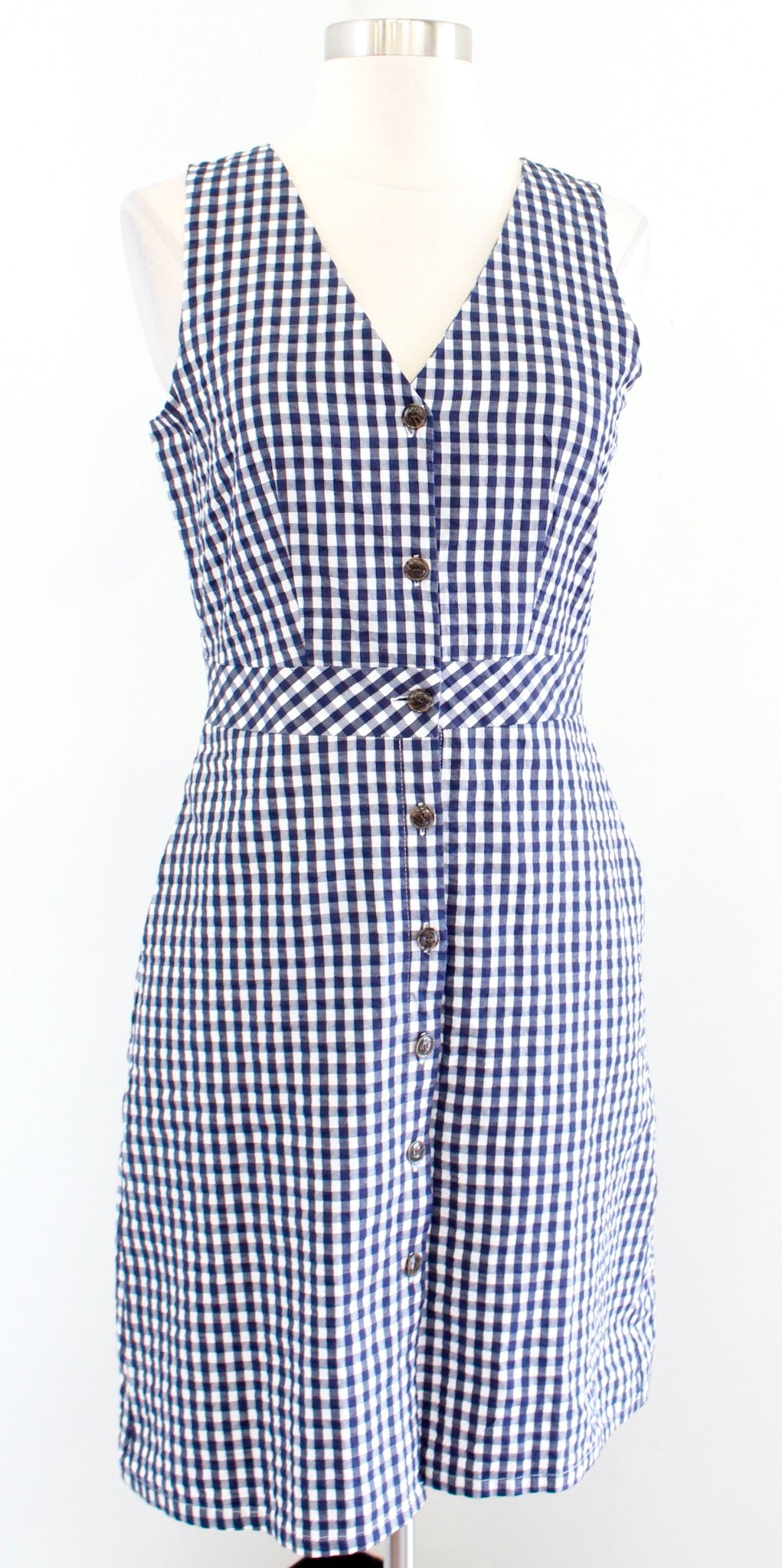 J Crew Factory Navy Blue White Gingham Plaid Button Front Dress Size 0 V Neck