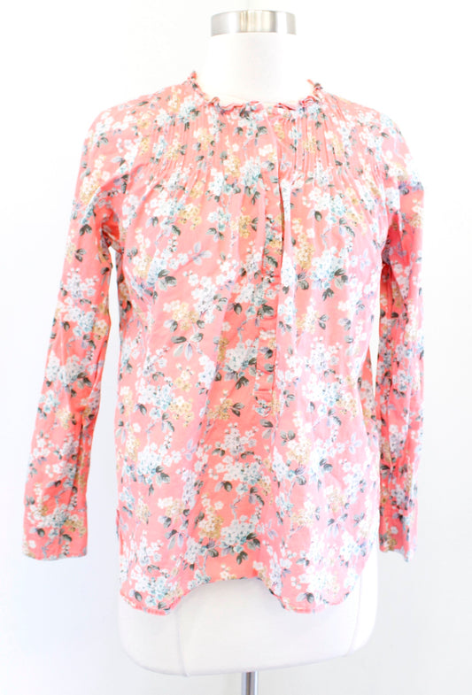 J Crew Liberty London Coral Josephine Floral Ruffle Popover Top Blouse Size 2