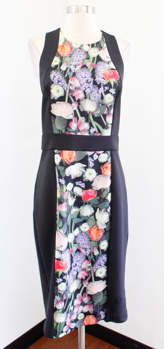 Ted Baker Avka Kensington Floral Print Bodycon Sheath Dress Size 3 Strappy Black