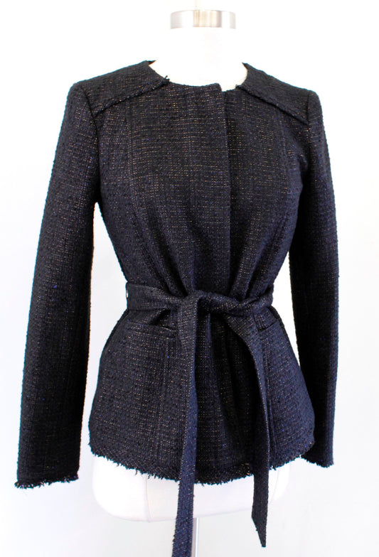 Banana Republic Black Gold Metallic Tweed Belted Tie Waist Blazer Jacket Size 2