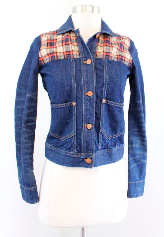 Madewell Denim Jean Plaid Insert Trucker Jacket Size XXS 2XS Cropped Fall