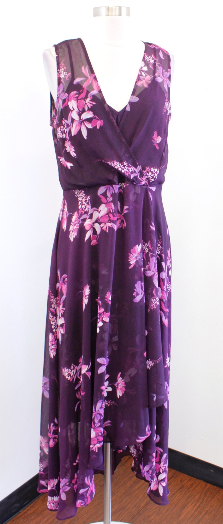 Calvin Klein Purple Floral Print V Neck Hi Lo Chiffon Maxi Dress Size 10 Womens