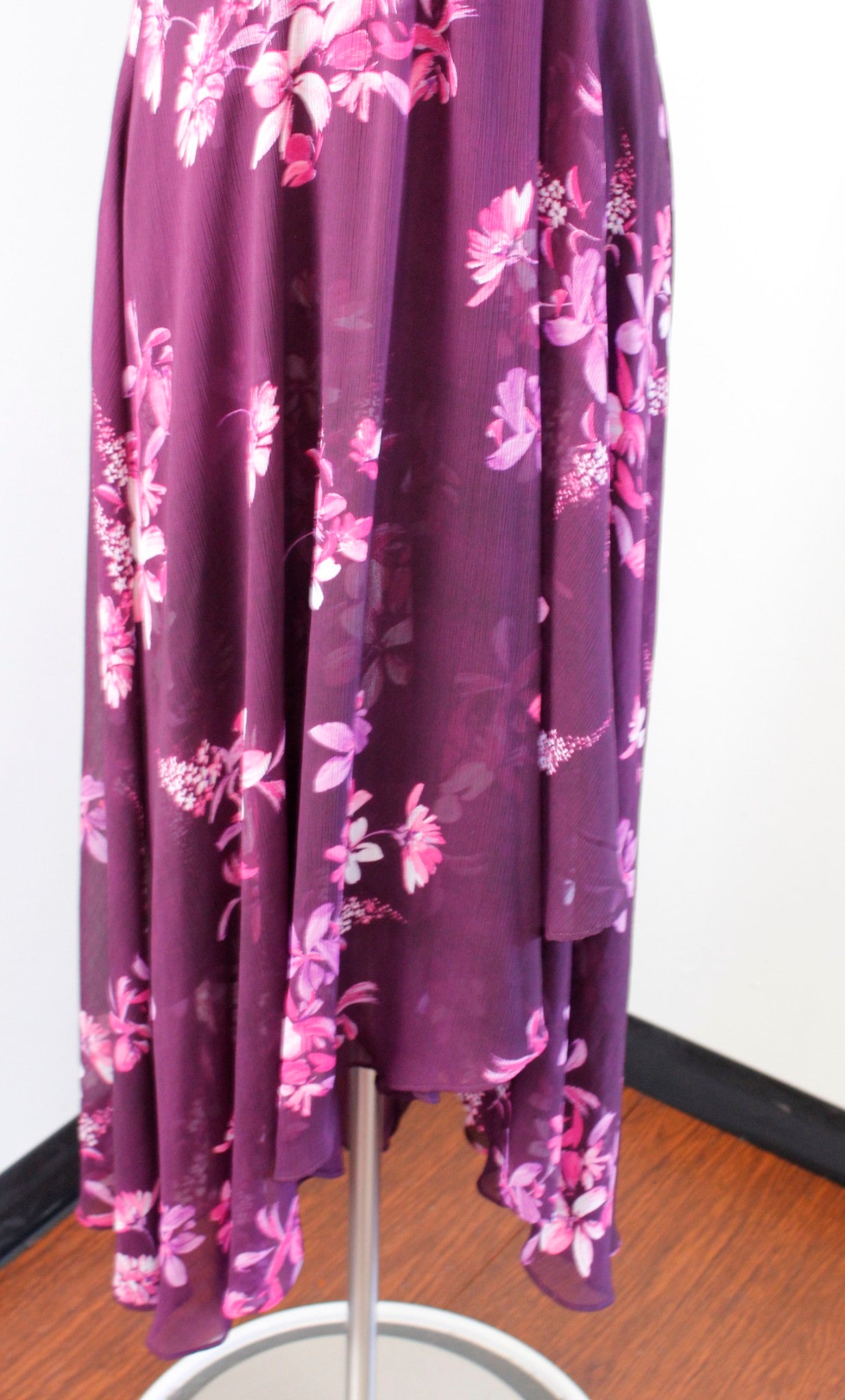 Calvin Klein Purple Floral Print V Neck Hi Lo Chiffon Maxi Dress Size 10 Womens
