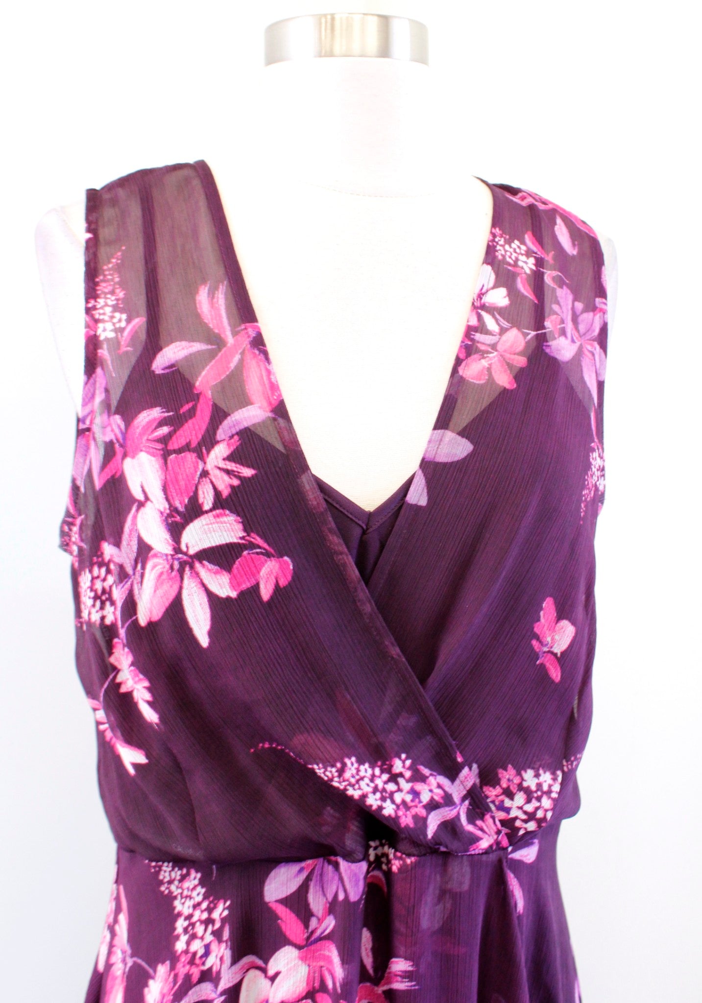 Calvin Klein Purple Floral Print V Neck Hi Lo Chiffon Maxi Dress Size 10 Womens