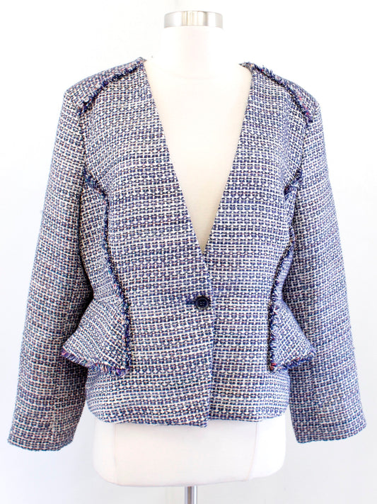 Banana Republic Tweed Shimmer Sequin Peplum Blazer Jacket Fringe Size 14 Blue