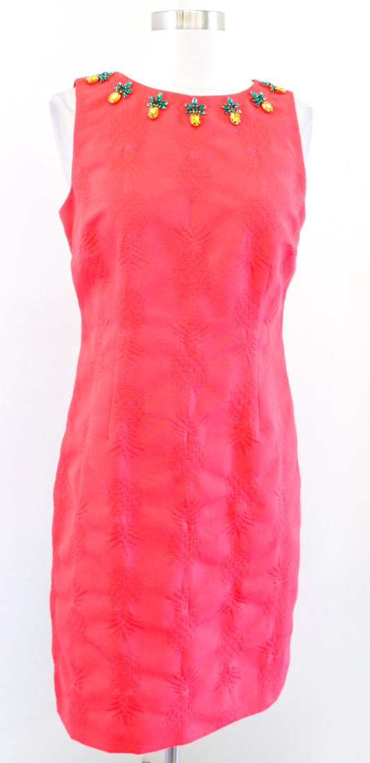 Talbots RSVP Coral Pineapple Embellished Jeweled Matelasse Sheath Dress Size 8P