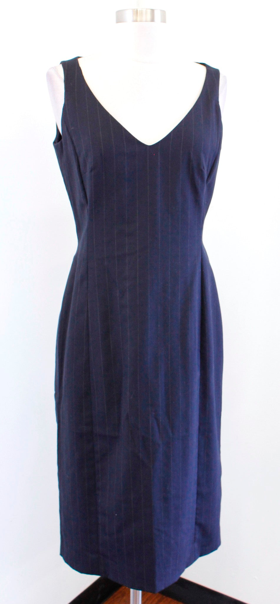 Brooks Brothers Womens Navy Blue Pinstripe V Neck Wool Sheath Dress Sz 4 Career