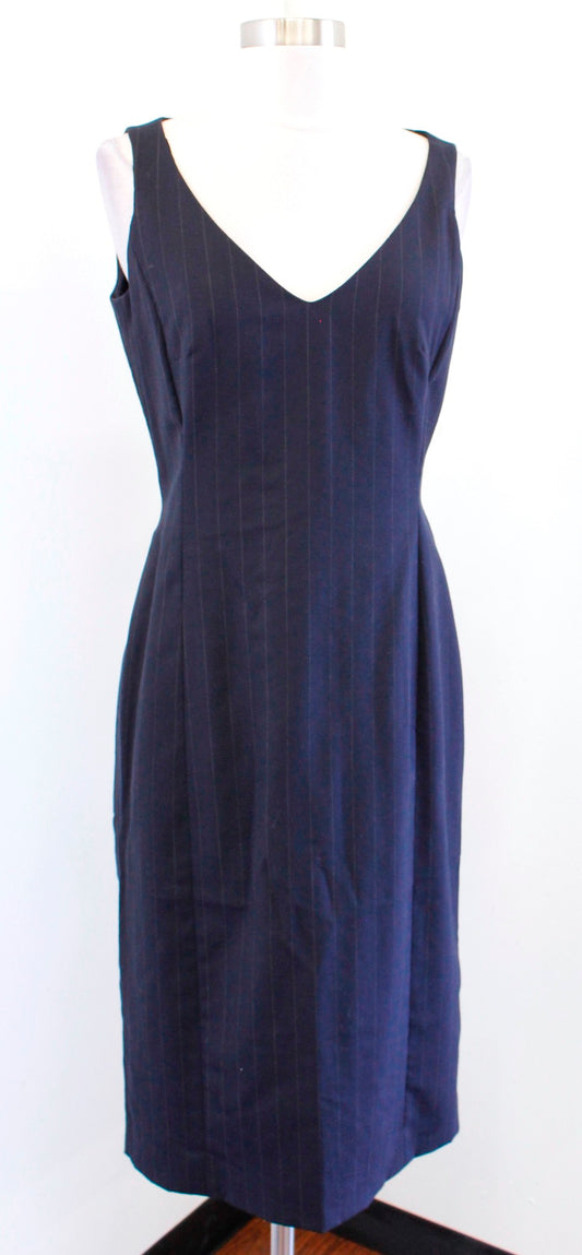 Brooks Brothers Womens Navy Blue Pinstripe V Neck Wool Sheath Dress Sz 4 Career