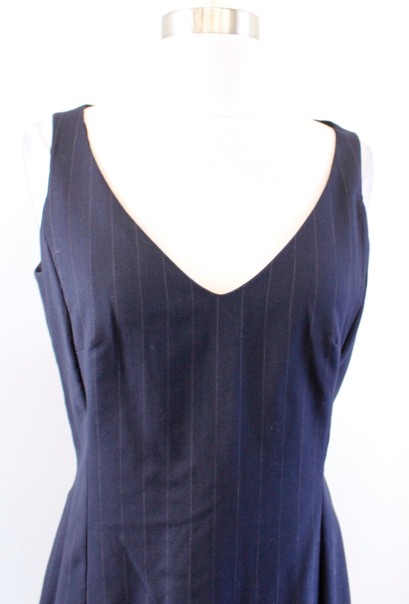 Brooks Brothers Womens Navy Blue Pinstripe V Neck Wool Sheath Dress Sz 4 Career