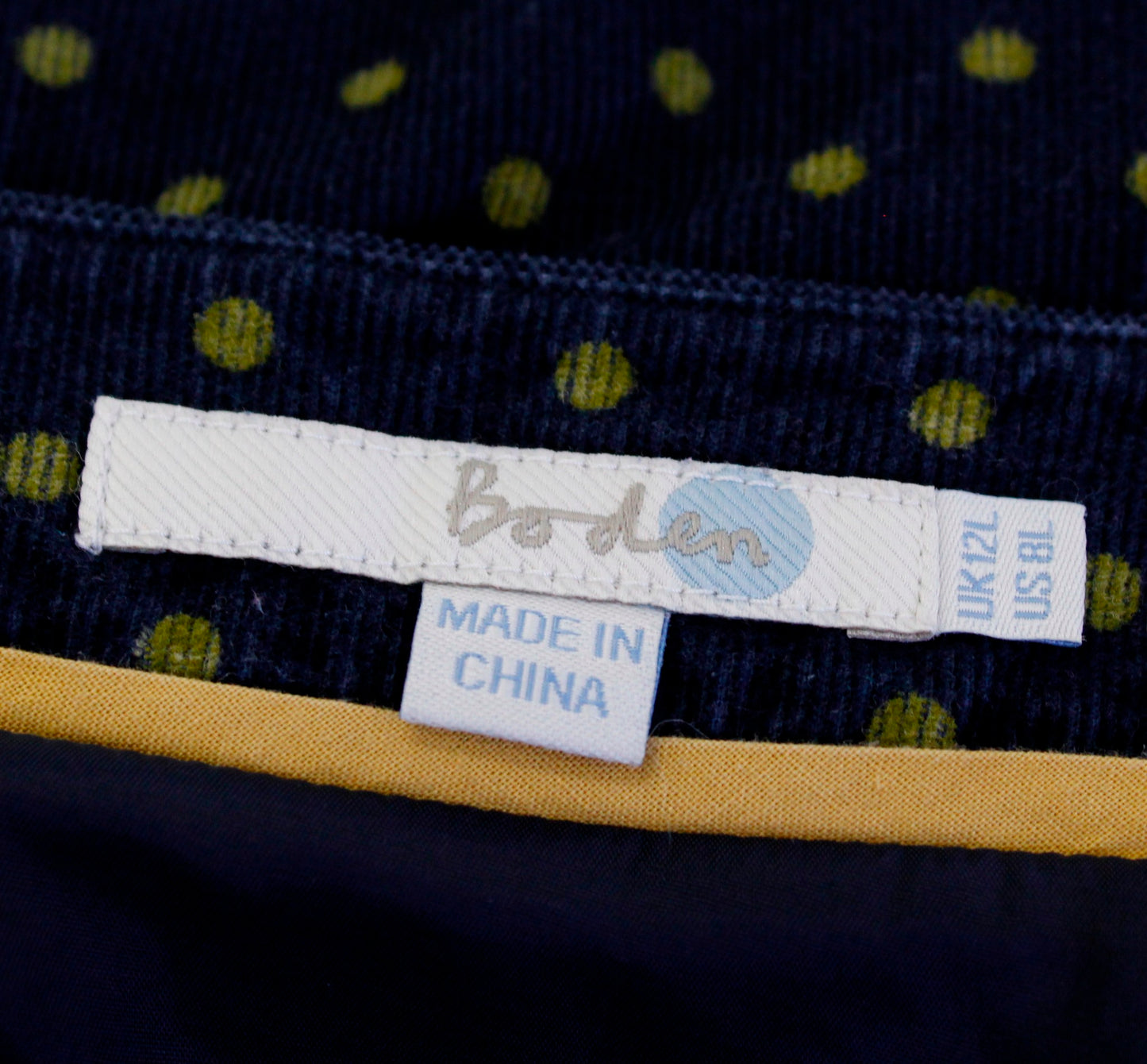 Boden Womens Navy Blue Yellow Polka Dot Placket Cord Corduroy Dress Size US 8L 8