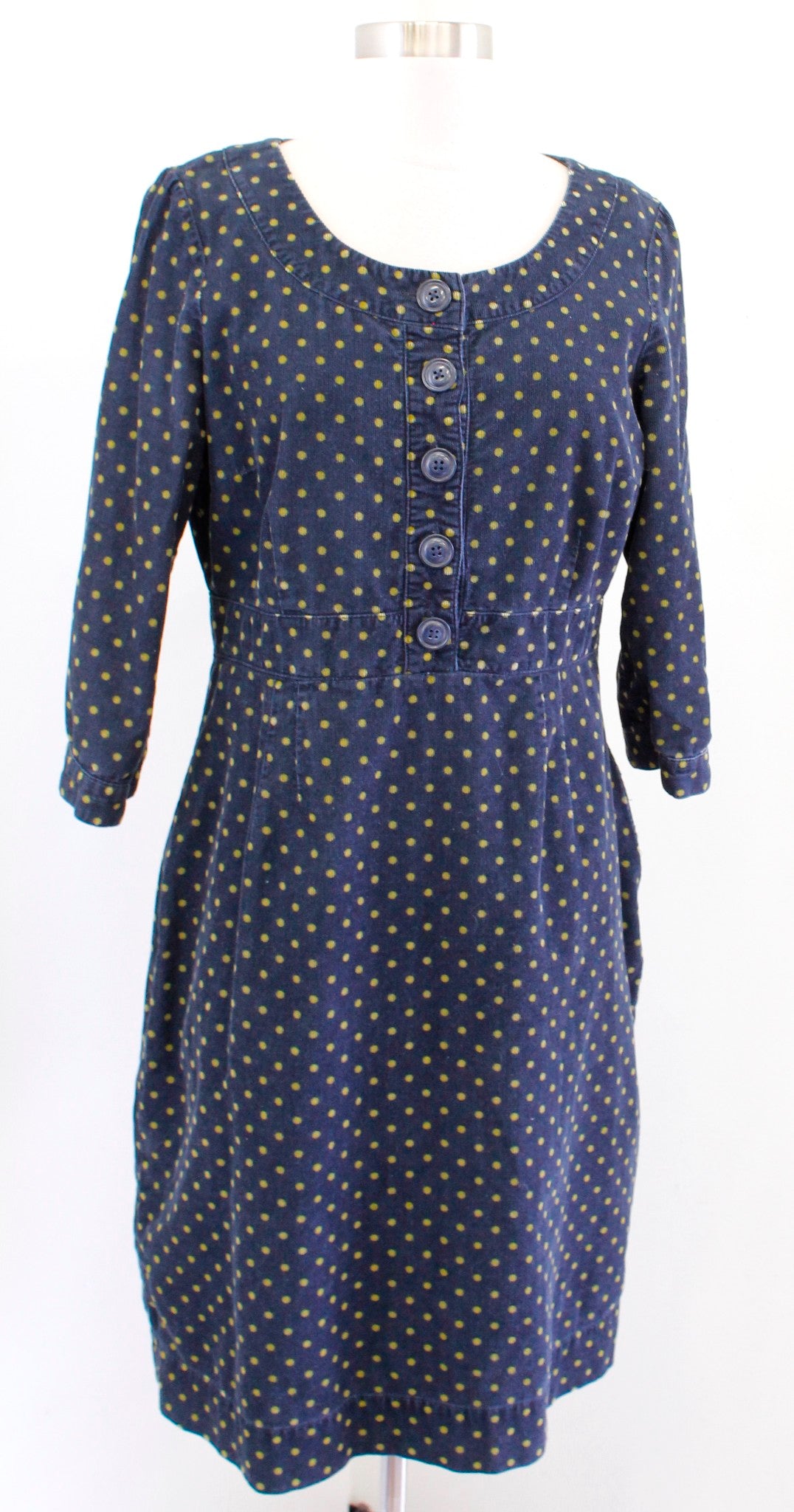 Boden Womens Navy Blue Yellow Polka Dot Placket Cord Corduroy Dress Size US 8L 8