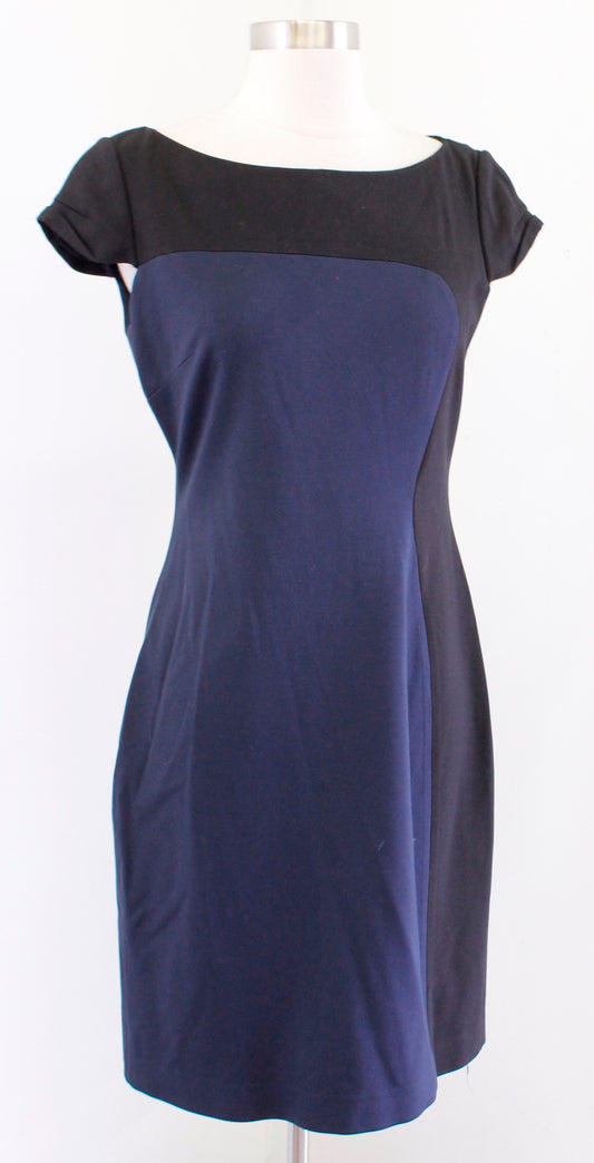 Elie Tahari Navy Blue Black Color Block Cap Sleeve Knit Sheath Dress Size 4