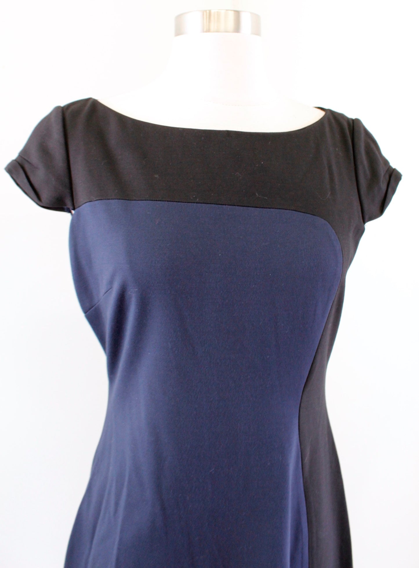 Elie Tahari Navy Blue Black Color Block Cap Sleeve Knit Sheath Dress Size 4