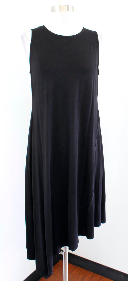 Eileen Fisher Solid Black Asymmetrical Hem Viscose Jersey Dress Sz S Sleeveless