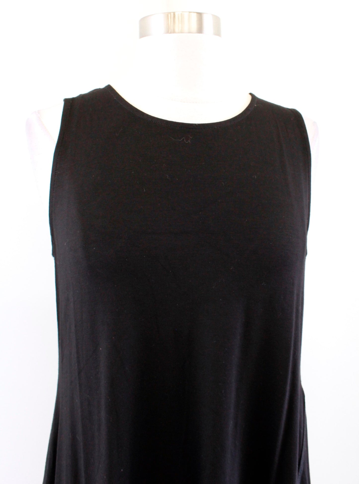 Eileen Fisher Solid Black Asymmetrical Hem Viscose Jersey Dress Sz S Sleeveless