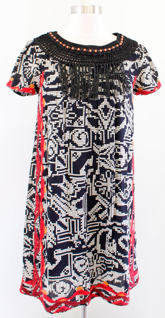 Floreat Anthropologie Abelia Geometric Embroidered Beaded Tunic Shift Dress XS