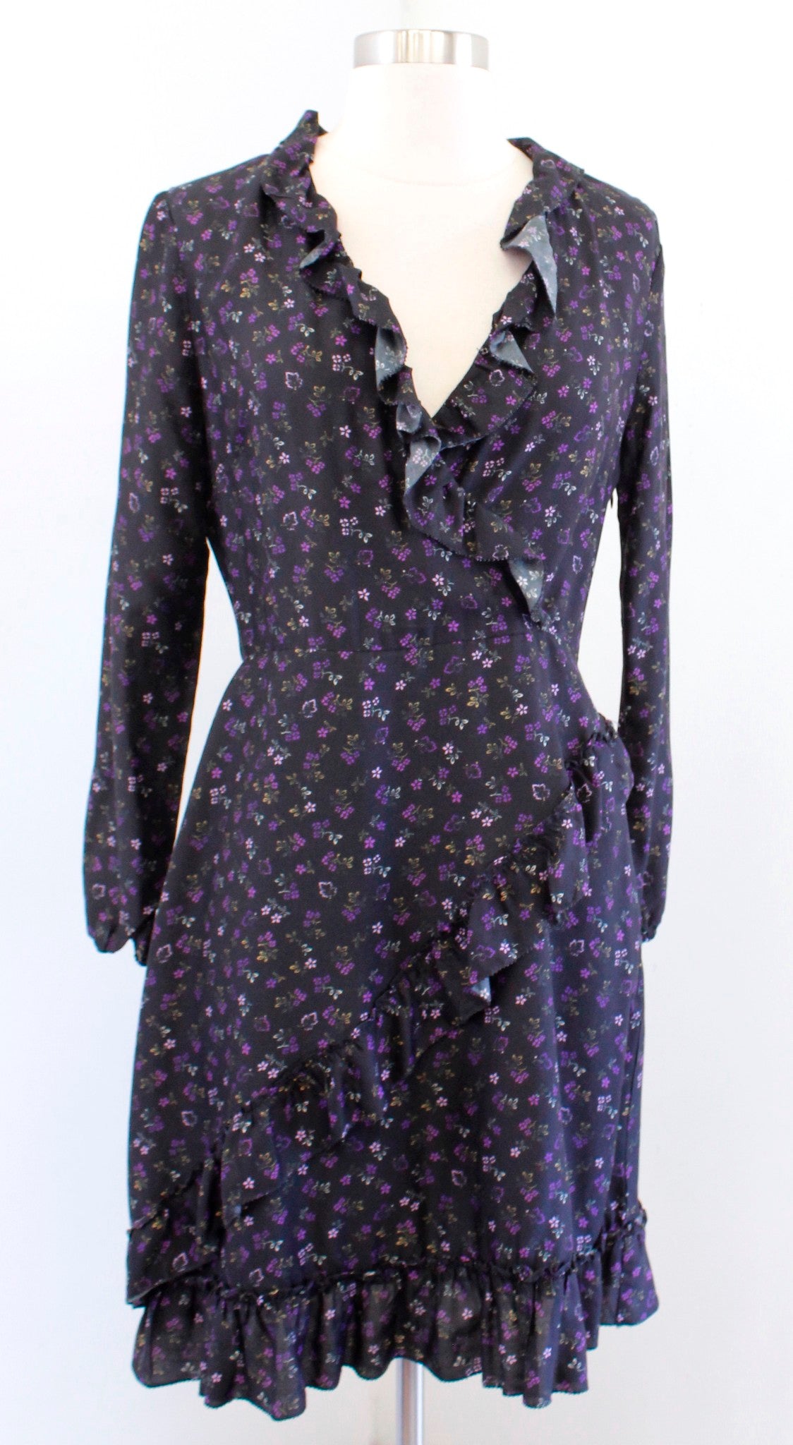 J McLaughlin Sonny Black Purple Floral Print Ruffle Faux Wrap Dress Size 2 Silk