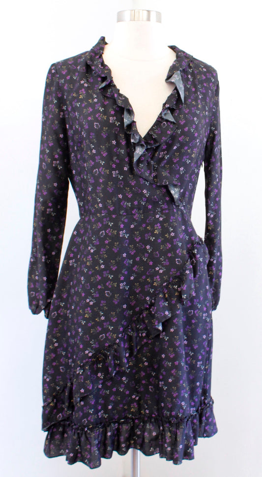 J McLaughlin Sonny Black Purple Floral Print Ruffle Faux Wrap Dress Size 2 Silk