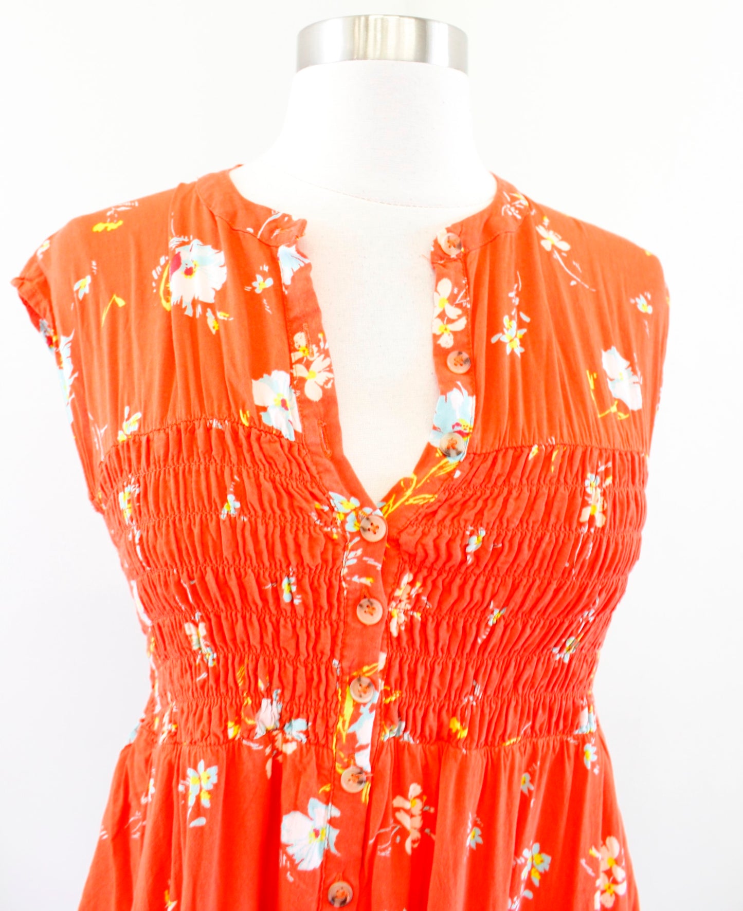 Free People Greatest Day Orange Floral Print Smocked Mini Dress Size XS Tunic