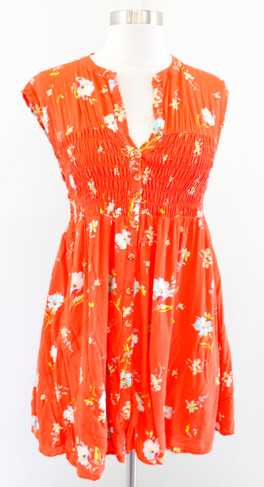 Free People Greatest Day Orange Floral Print Smocked Mini Dress Size XS Tunic