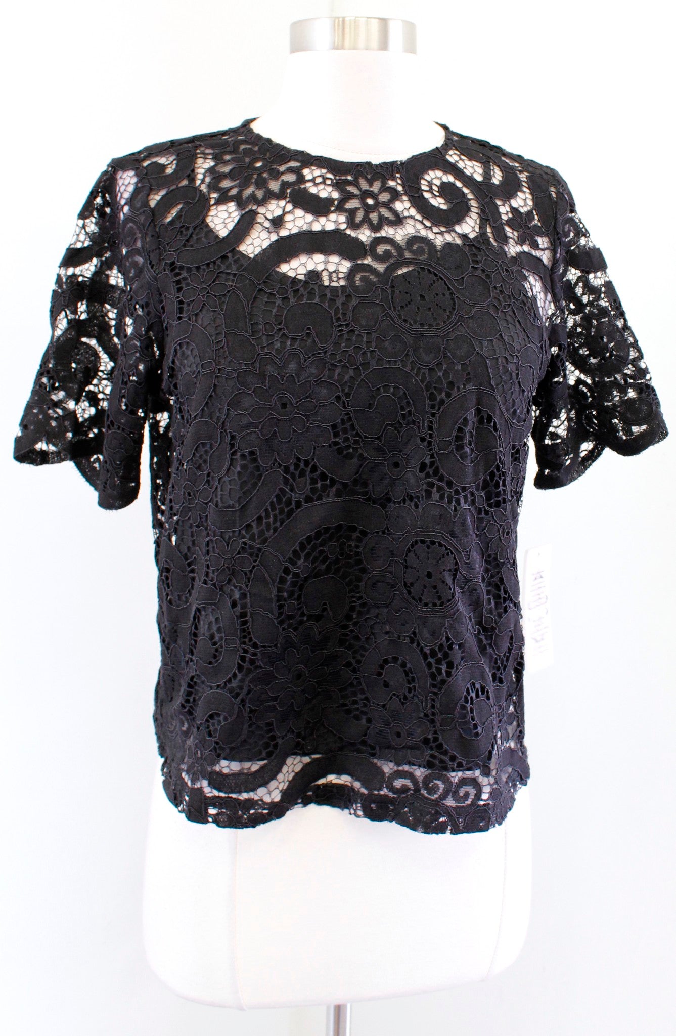 NWT Nanette Lepore Black Short Sleeve Lace Illusion Tie Bow Top Blouse Size S