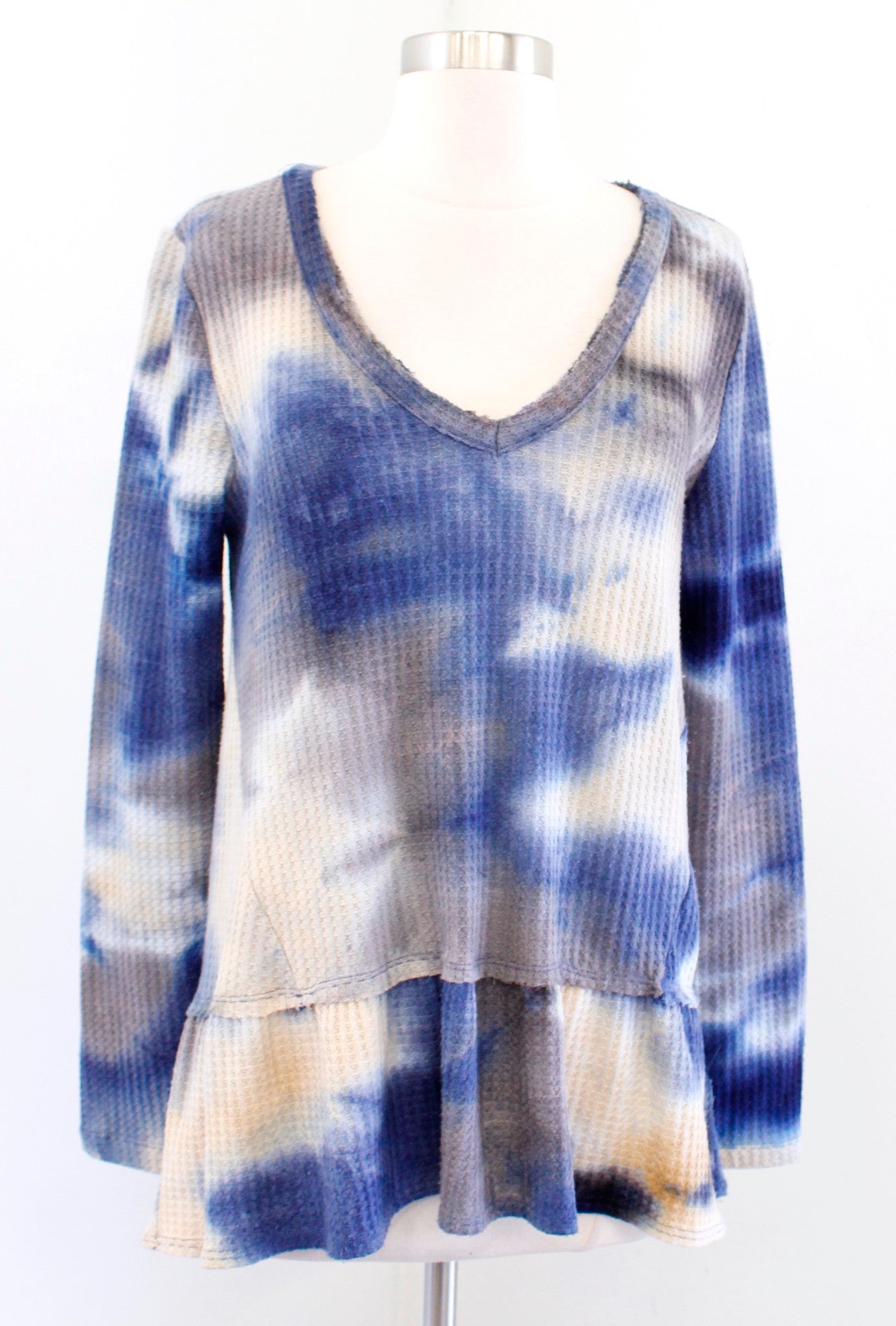 Eri + Ali Anthropologie Tallie Blue Tie Dye Waffle Thermal Knit Peplum Top Sz S