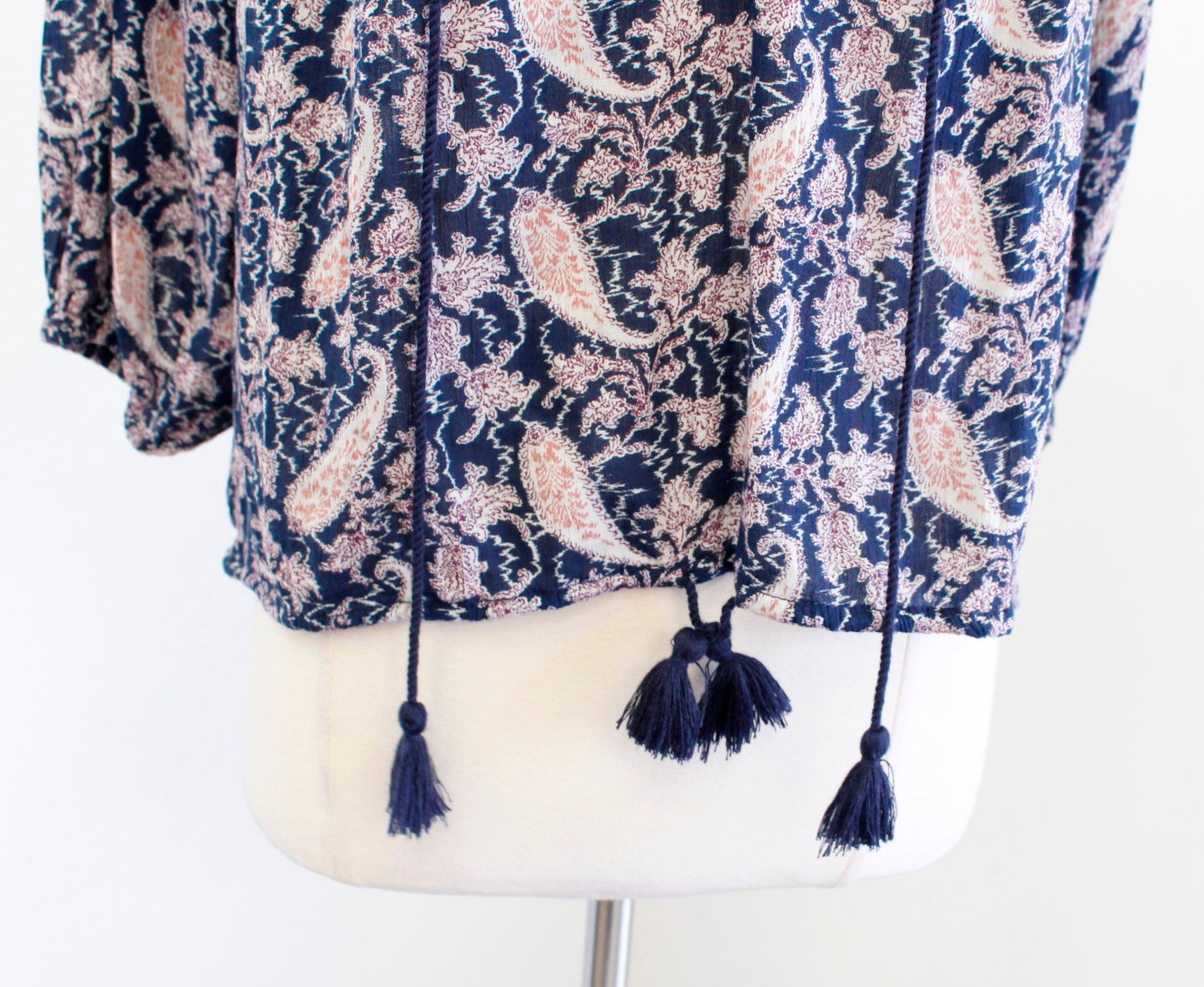 Denim and Supply Ralph Lauren Paisley Print Tassel Top Blouse Size S Navy Blue