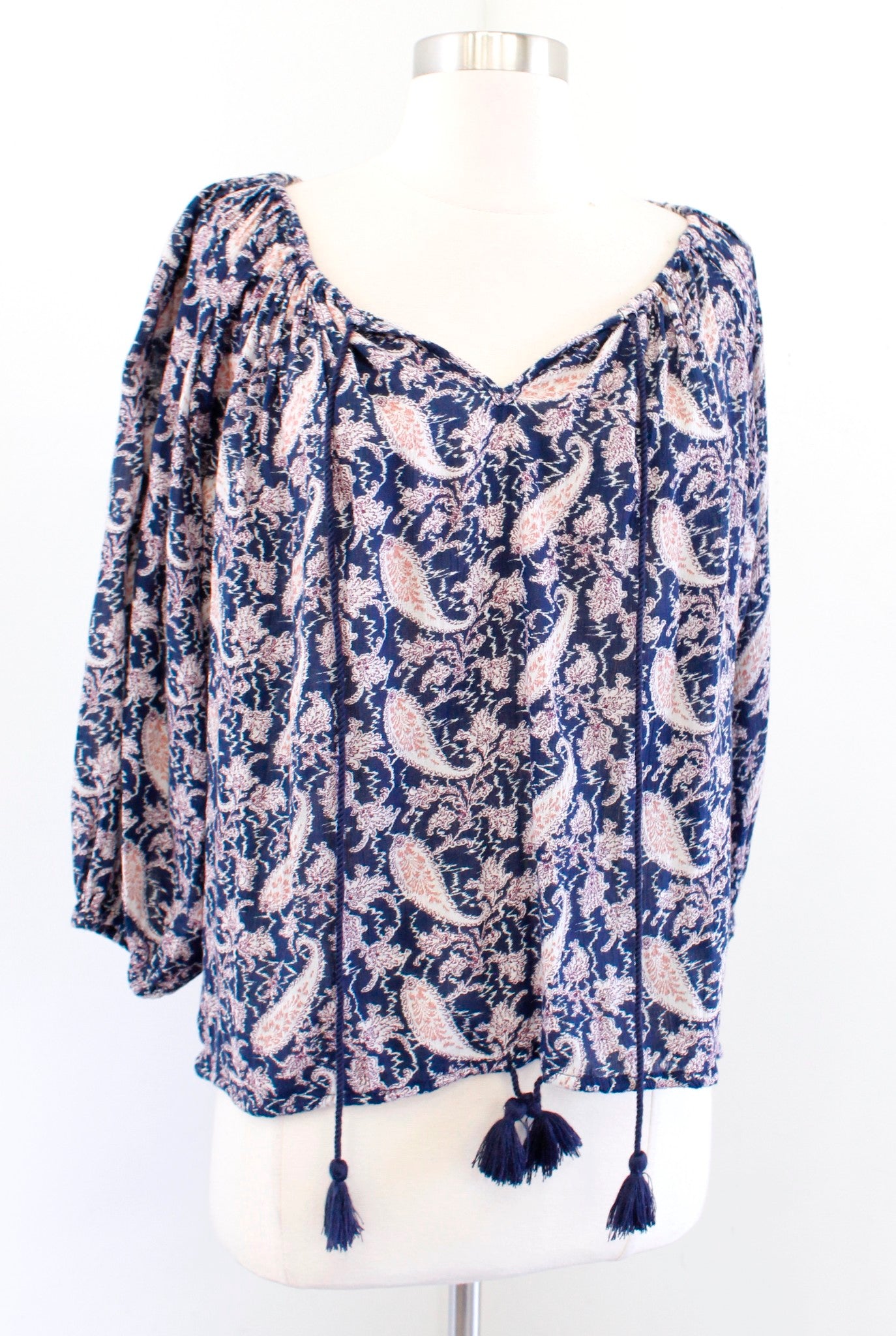 Denim and Supply Ralph Lauren Paisley Print Tassel Top Blouse Size S Navy Blue