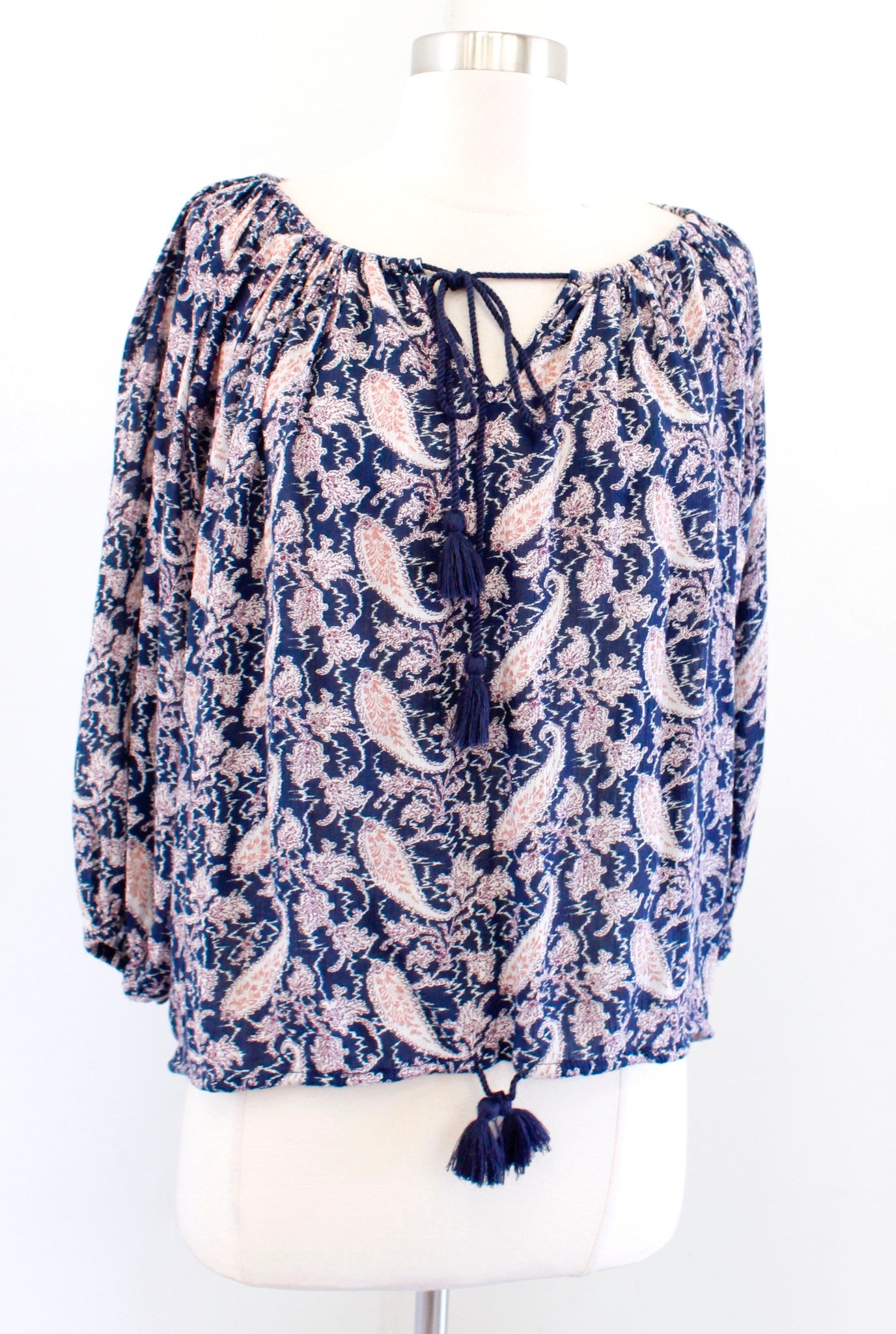 Denim and Supply Ralph Lauren Paisley Print Tassel Top Blouse Size S Navy Blue
