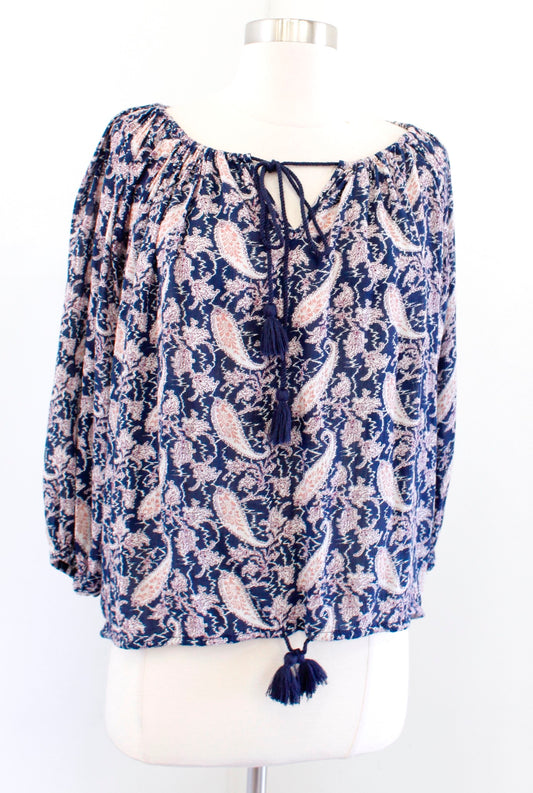 Denim and Supply Ralph Lauren Paisley Print Tassel Top Blouse Size S Navy Blue