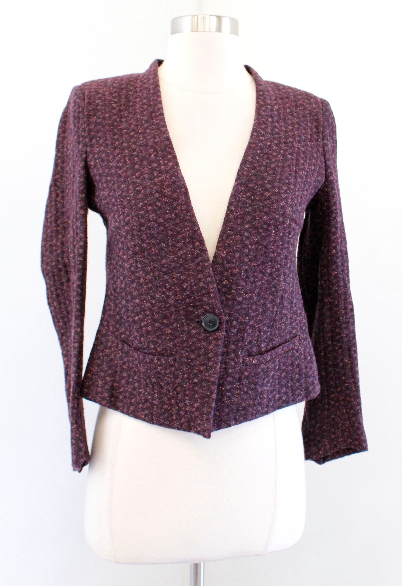 Isabel Marant Etoile Burgundy Tweed Cropped Blazer Jacket Size 0 Collarless