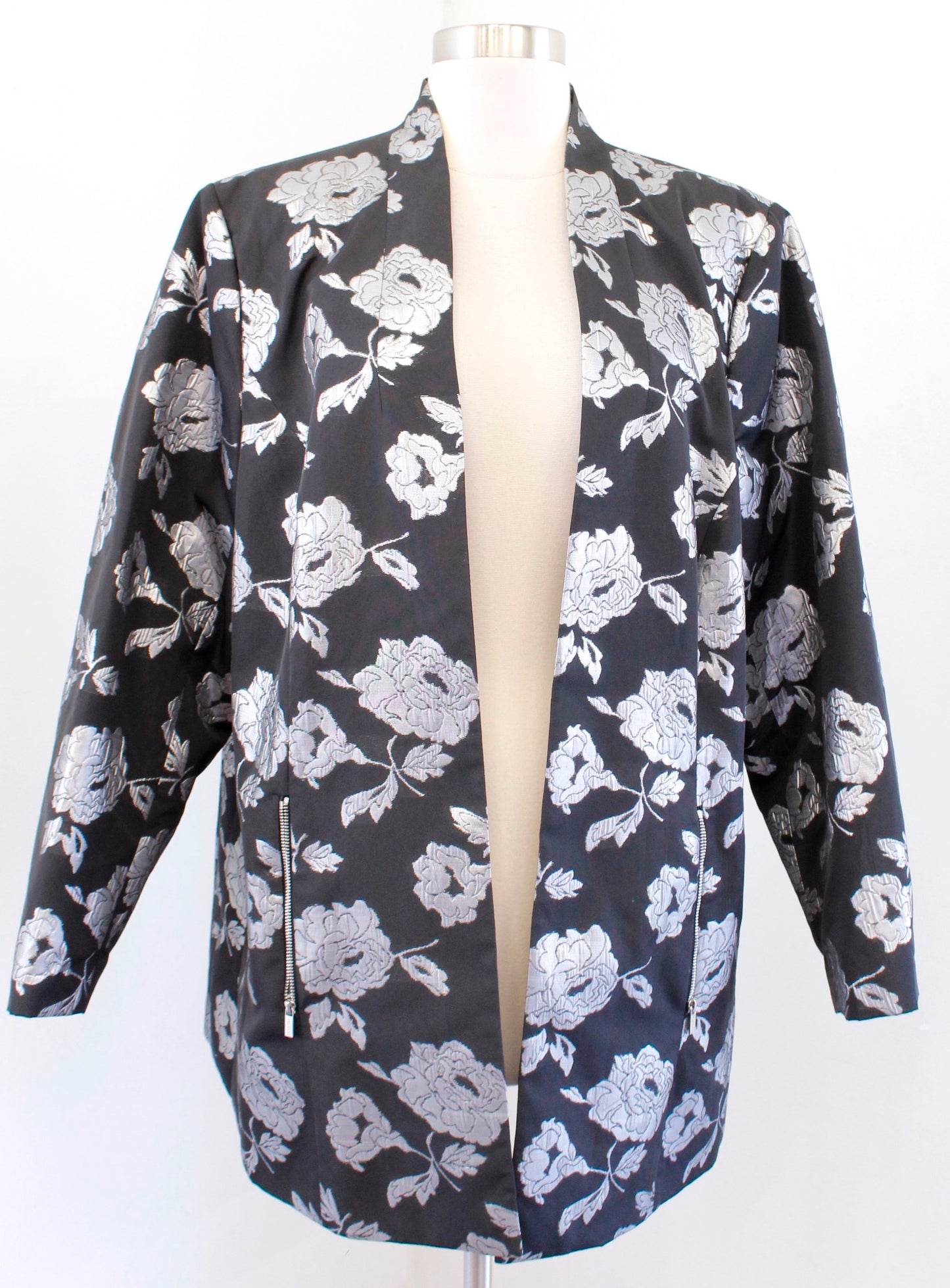 Calvin Klein Black Silver Metallic Floral Open Front Blazer Jacket Size 16W