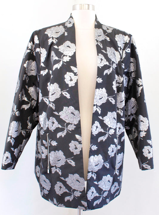 Calvin Klein Black Silver Metallic Floral Open Front Blazer Jacket Size 16W