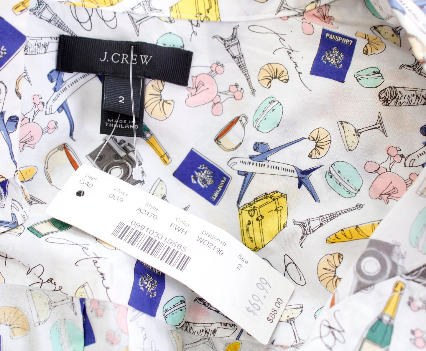 NWT J Crew White Novelty French Print Parisian Popover Blouse Top Size 2 Travel Long Sleeve