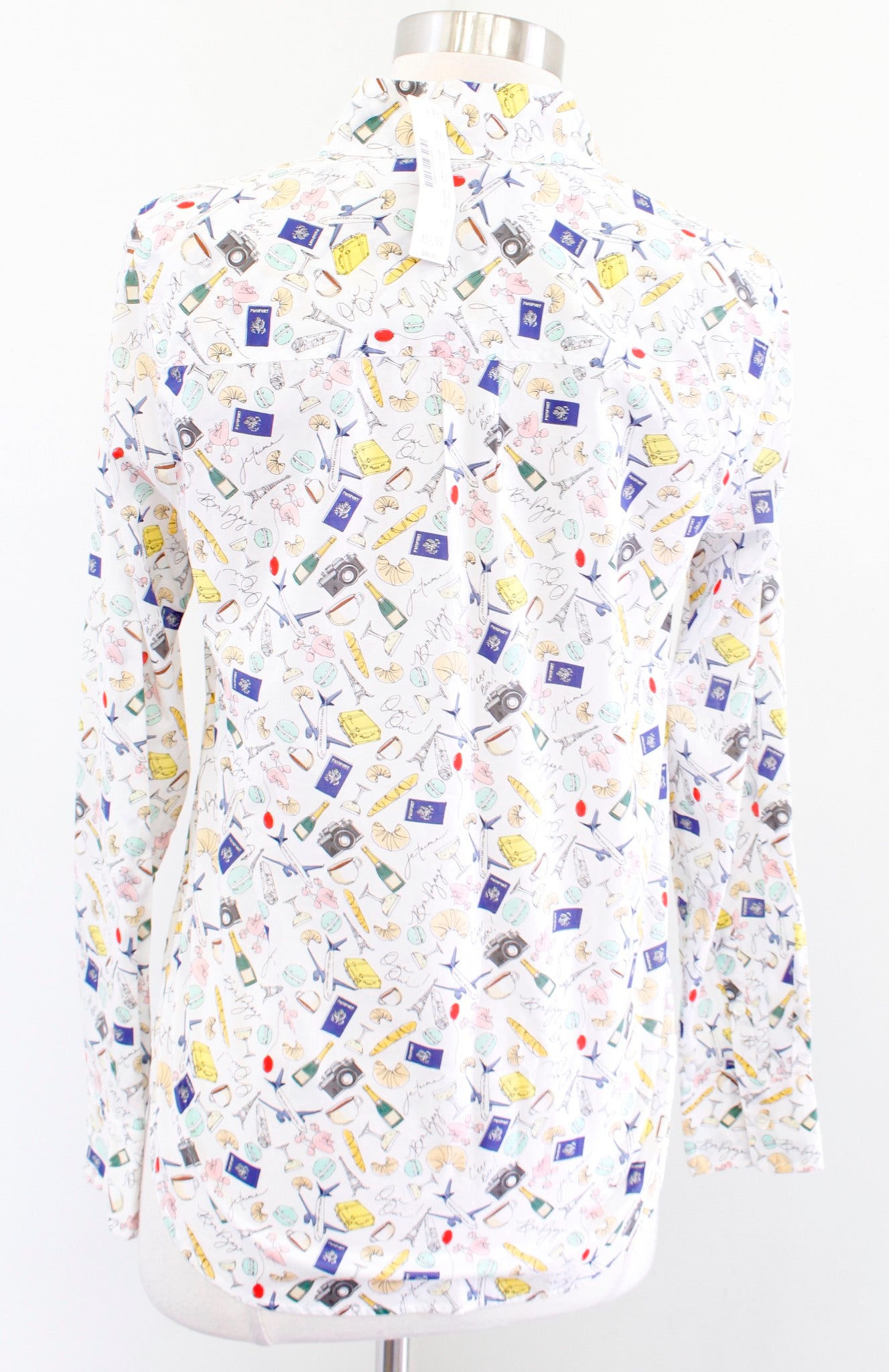 NWT J Crew White Novelty French Print Parisian Popover Blouse Top Size 2 Travel Long Sleeve