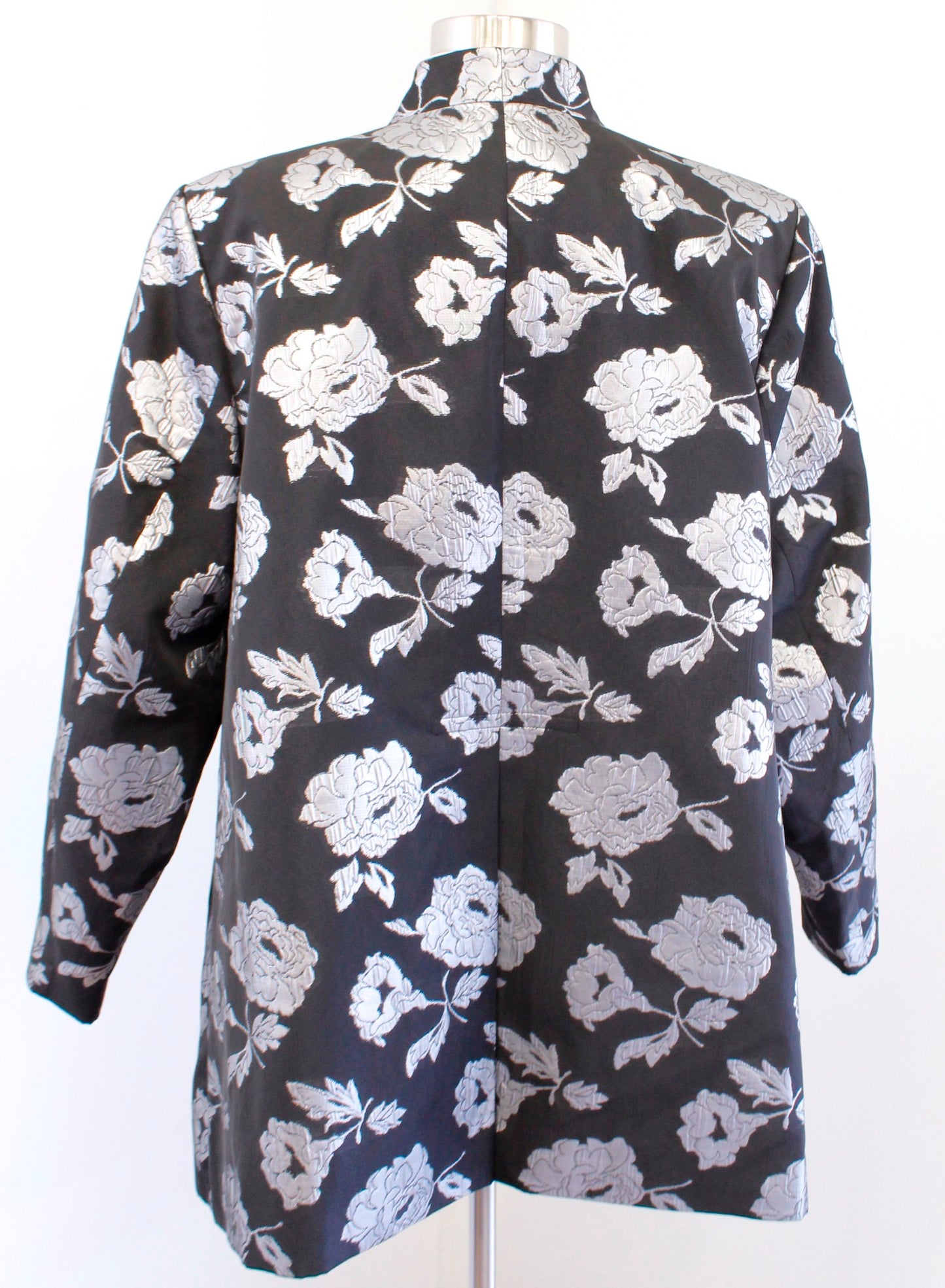 Calvin Klein Black Silver Metallic Floral Open Front Blazer Jacket Size 16W