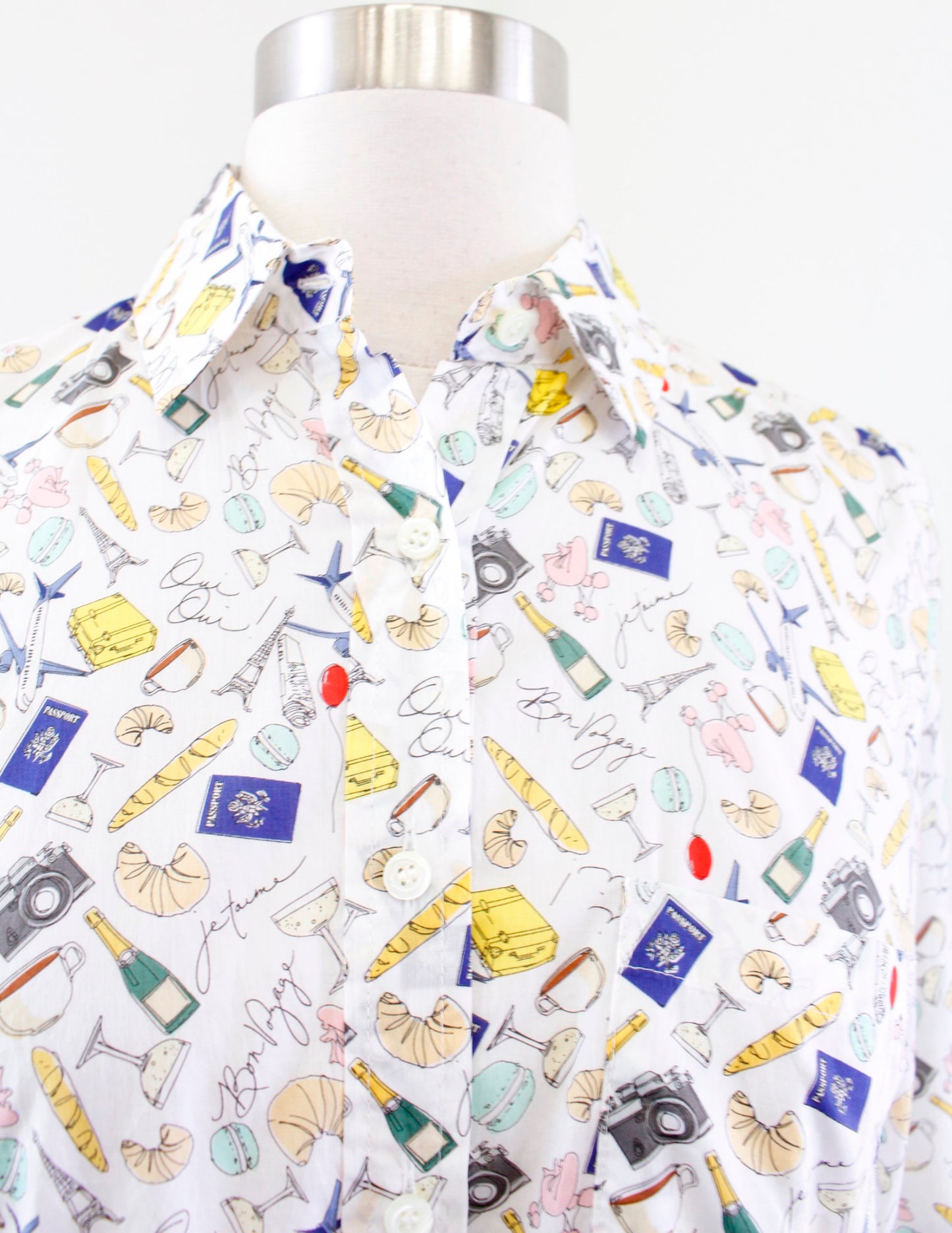 NWT J Crew White Novelty French Print Parisian Popover Blouse Top Size 2 Travel Long Sleeve